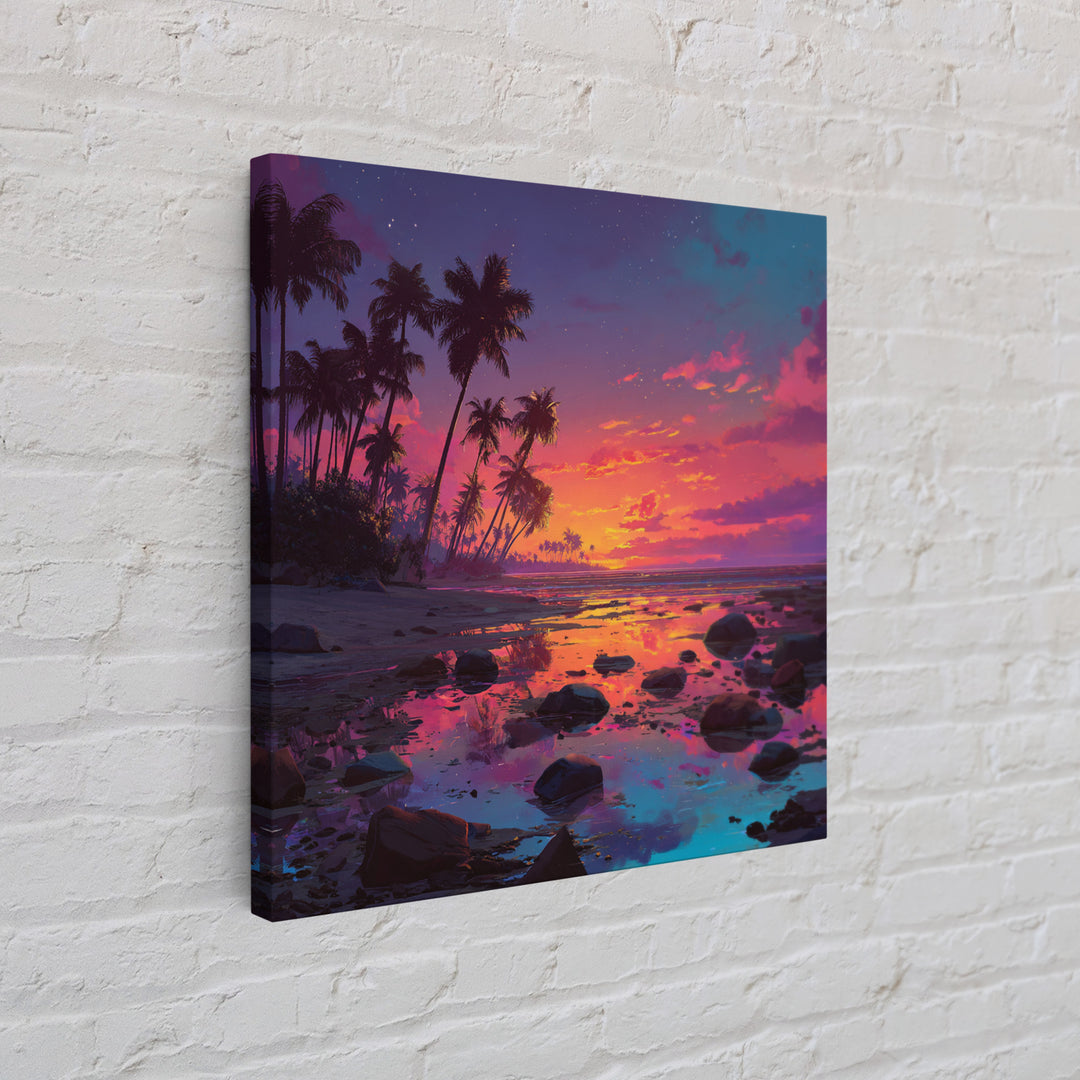 Serene Tropical Sunset With Palm Trees Reflection Over Water Vibrant Wall Art Framed Canvas Print For Coastal Home Decor