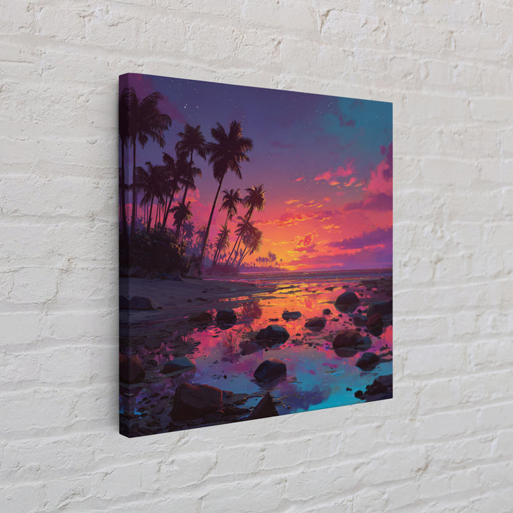 Serene Tropical Sunset With Palm Trees Reflection Over Water Vibrant Wall Art Framed Canvas Print For Coastal Home Decor