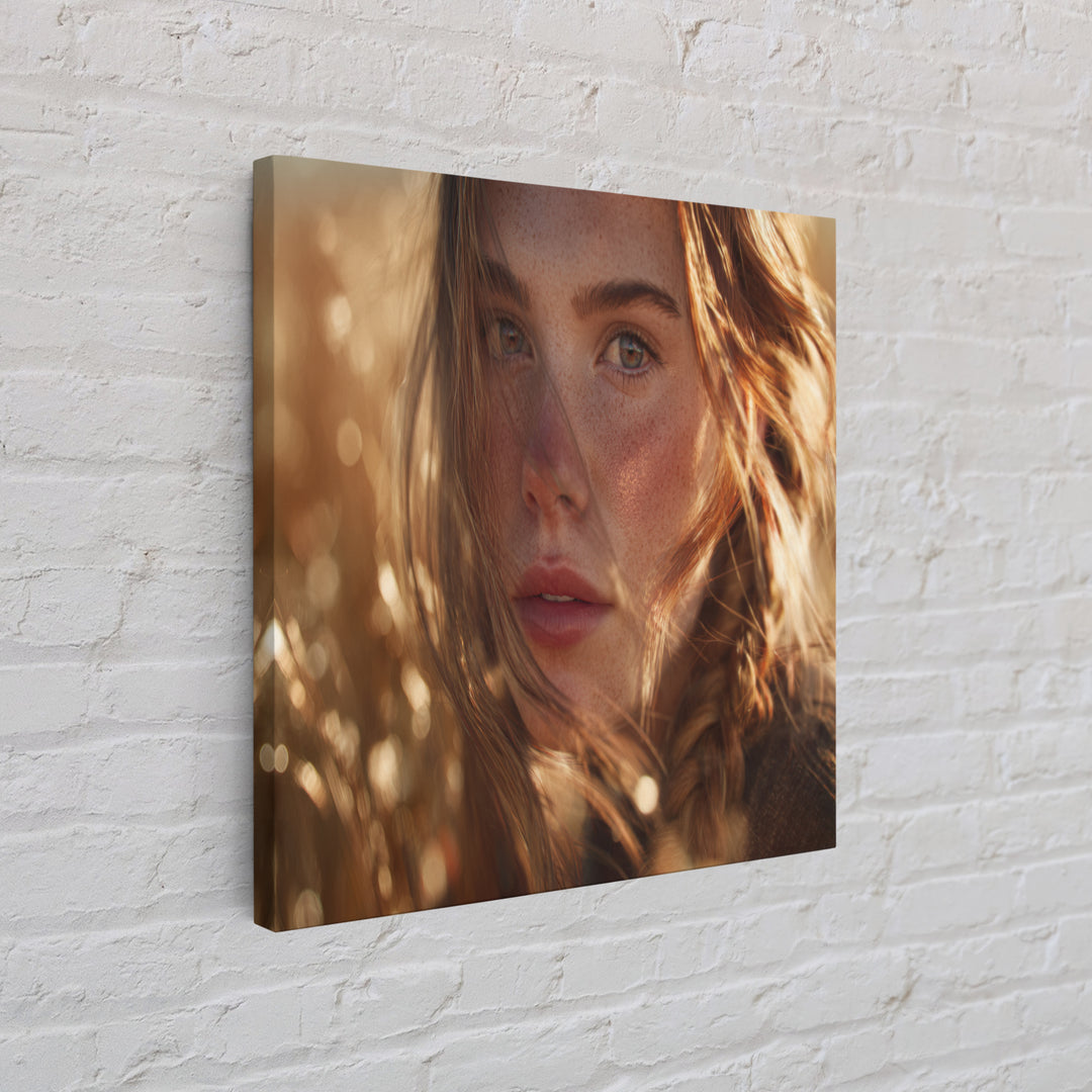 Golden Hour Portrait Of Woman Wall Art, Freckled Girl Close Up Painting, Feminine Modern Art Print, Bedroom Romantic Canvas
