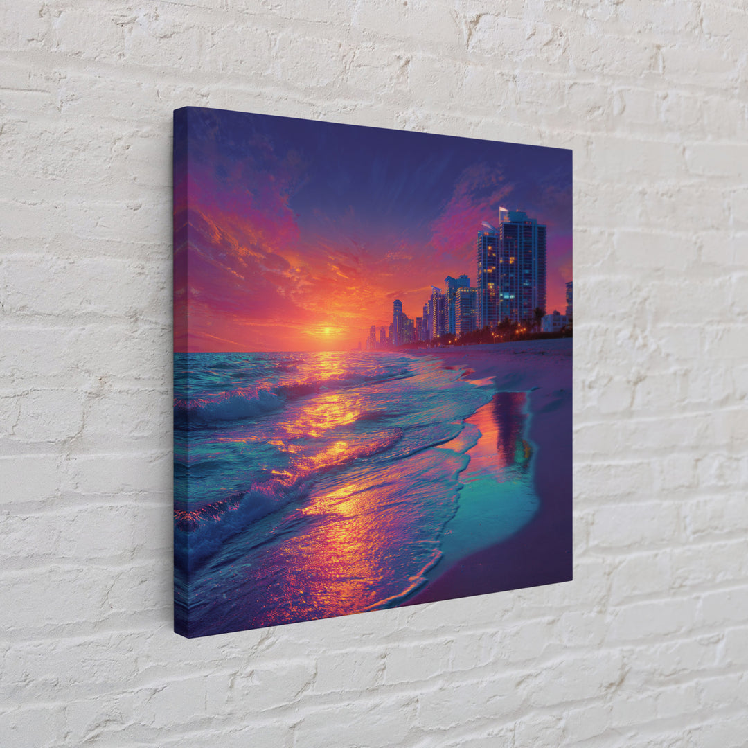 Vibrant City Beach Sunset Skyline Canvas Print, Colorful Coastal Wall Art, Modern Ocean Painting Living Room Home Decor