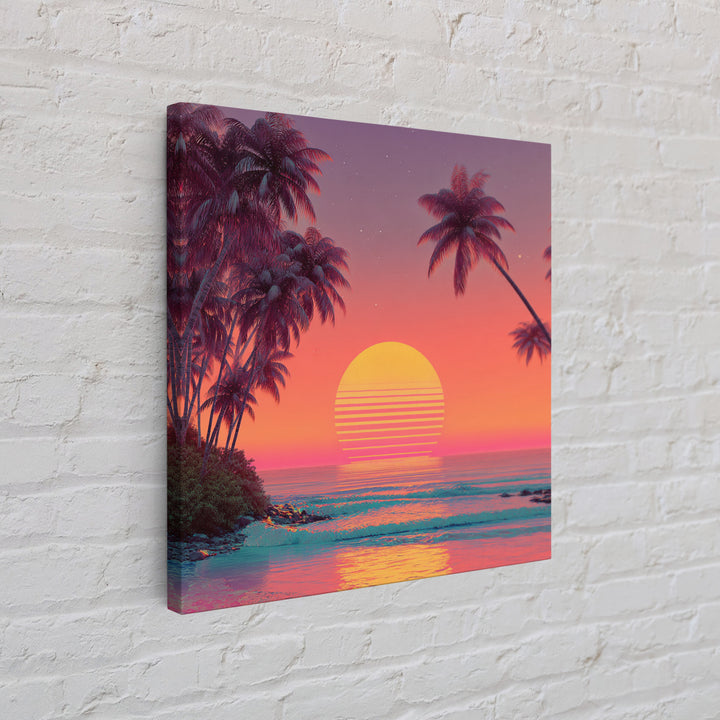Retro Tropical Sunset Beach With Palm Trees Neon Wall Art, Colorful Coastal Canvas Print, Summer Room Decor