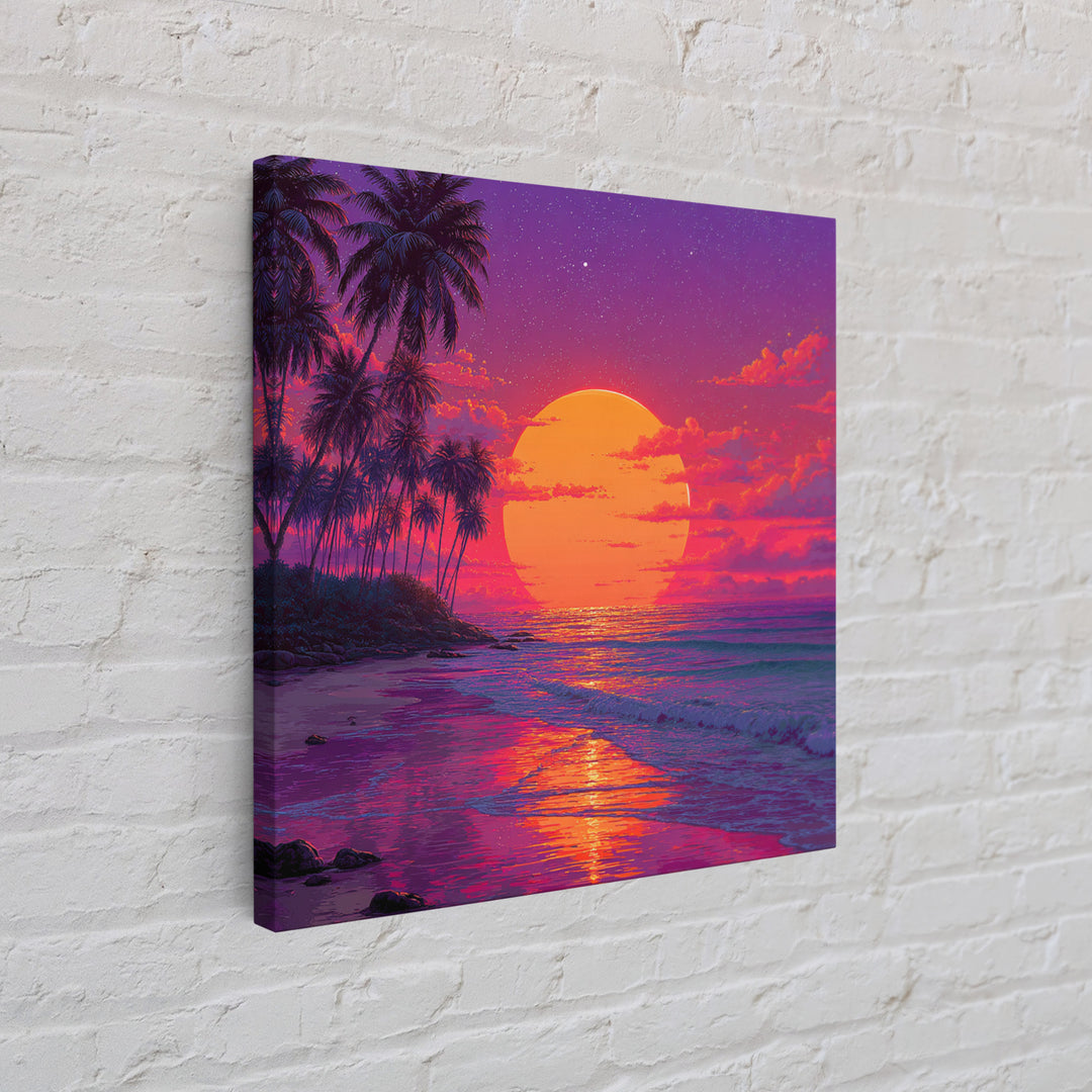 Vibrant Tropical Sunset Beach Wall Art, Palm Tree Ocean Horizon Print, Retro Coastal Summer Decor Canvas Print