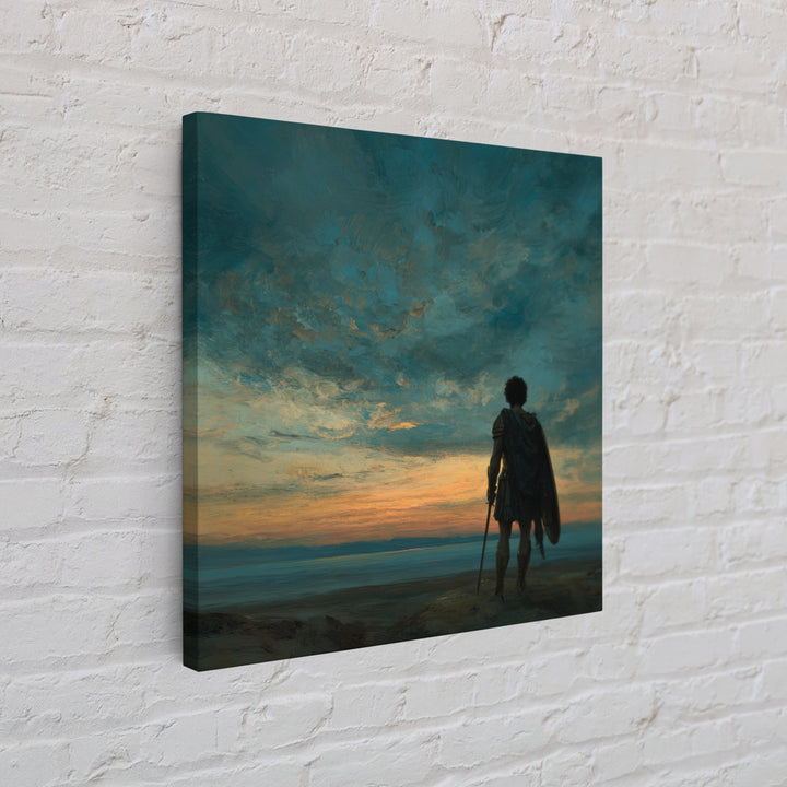 Dark Dramatic Sunset With Ancient Warrior Standing On Hill Wall Art Oil Painting Framed Canvas Print