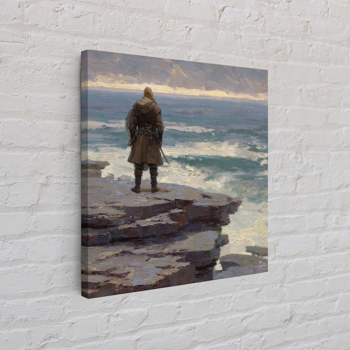 Lone Warrior On Ocean Cliff, Moody Coastal Landscape Wall Art, Viking Seascape Canvas Print, Masculine Office Decor, Gift For Him