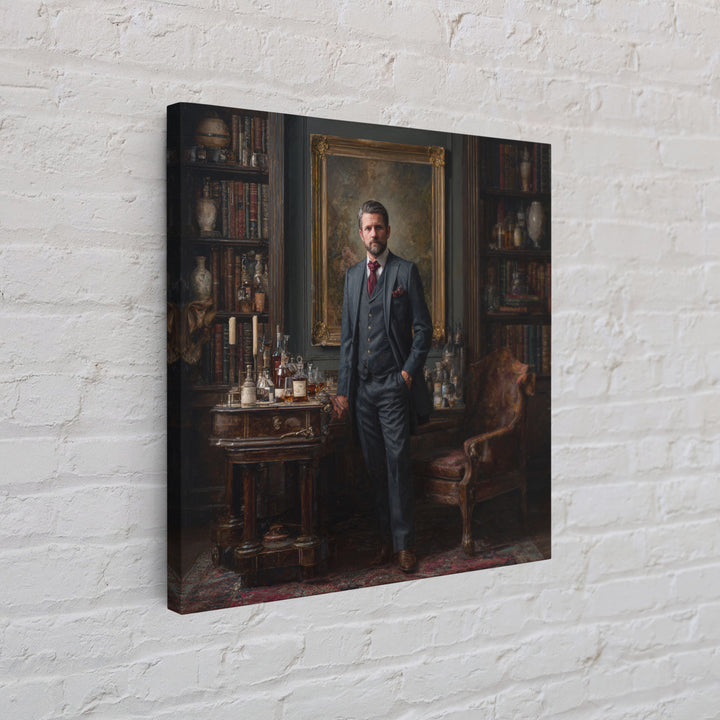 Dapper Gentleman In Antique Study Framed Canvas Print, Moody Portrait Oil Painting, Masculine Office Decor, Dark Academia Art