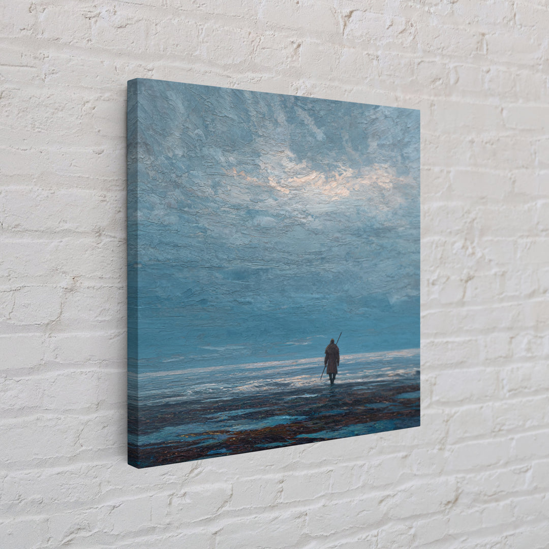 Lone Wanderer Crossing Icy Blue Shore Canvas Print, Minimalist Seascape Art, Calming Wall Art, Serene Coastal Bedroom Decor