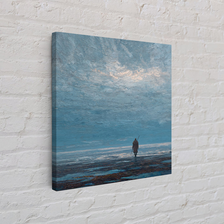 Lone Wanderer Crossing Icy Blue Shore Canvas Print, Minimalist Seascape Art, Calming Wall Art, Serene Coastal Bedroom Decor