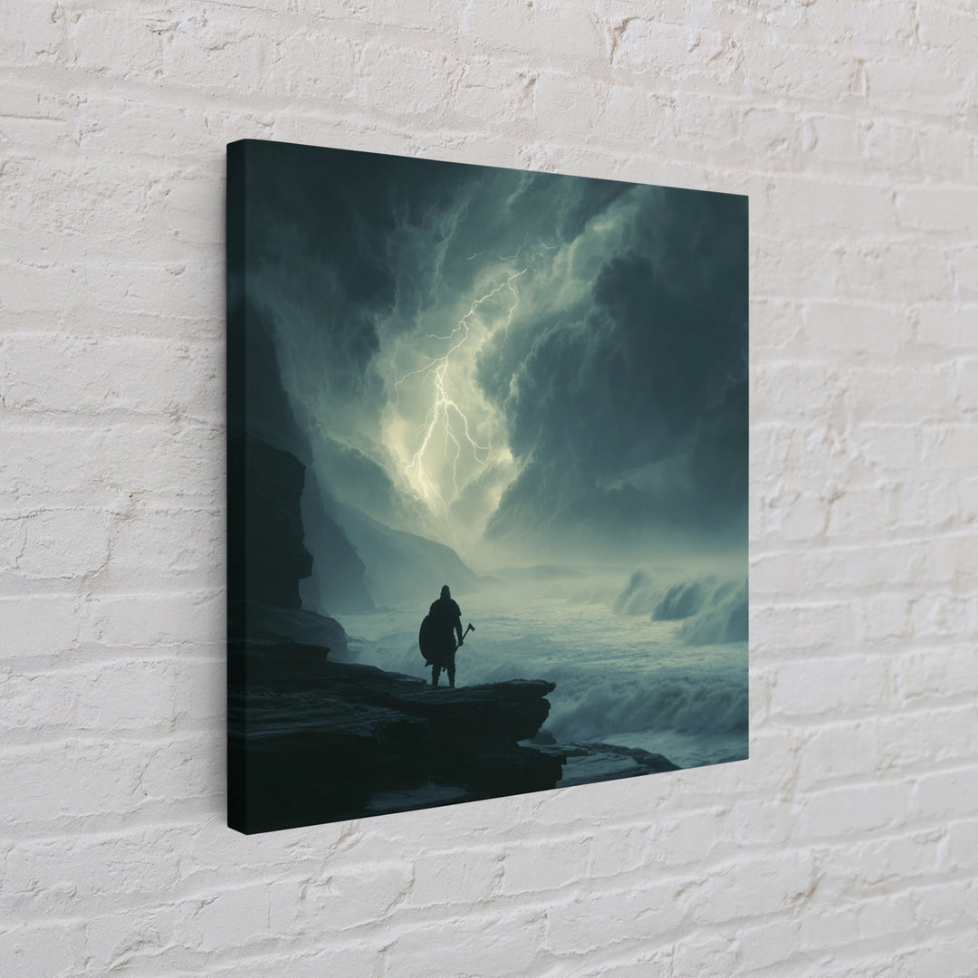 Lone Viking Facing Lightning Over Stormy Sea Wall Art, Dark Seascape Art, Fantasy Wall Decor, Moody Coastal Decor, Gift For Him