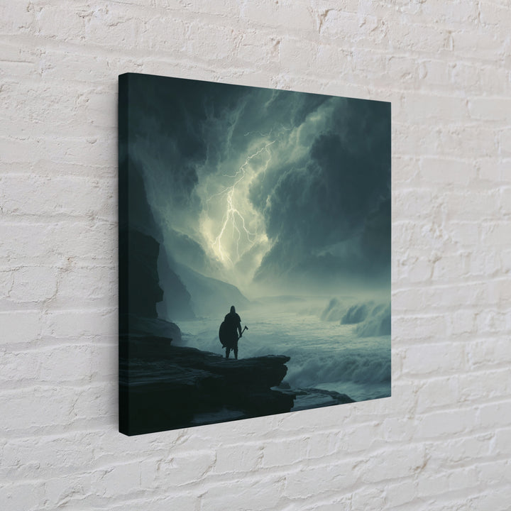 Lone Viking Facing Lightning Over Stormy Sea Wall Art, Dark Seascape Art, Fantasy Wall Decor, Moody Coastal Decor, Gift For Him