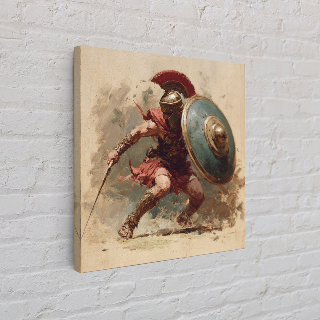 Spartan Warrior With Shield Wall Art, Red Plume Gladiator Action Painting, Bold Classical Canvas Print For Game Room Decor