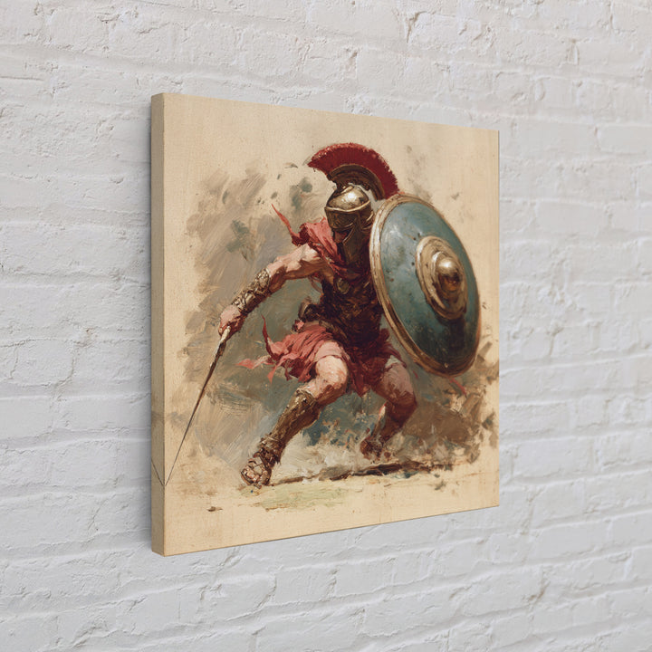 Spartan Warrior With Shield Wall Art, Red Plume Gladiator Action Painting, Bold Classical Canvas Print For Game Room Decor