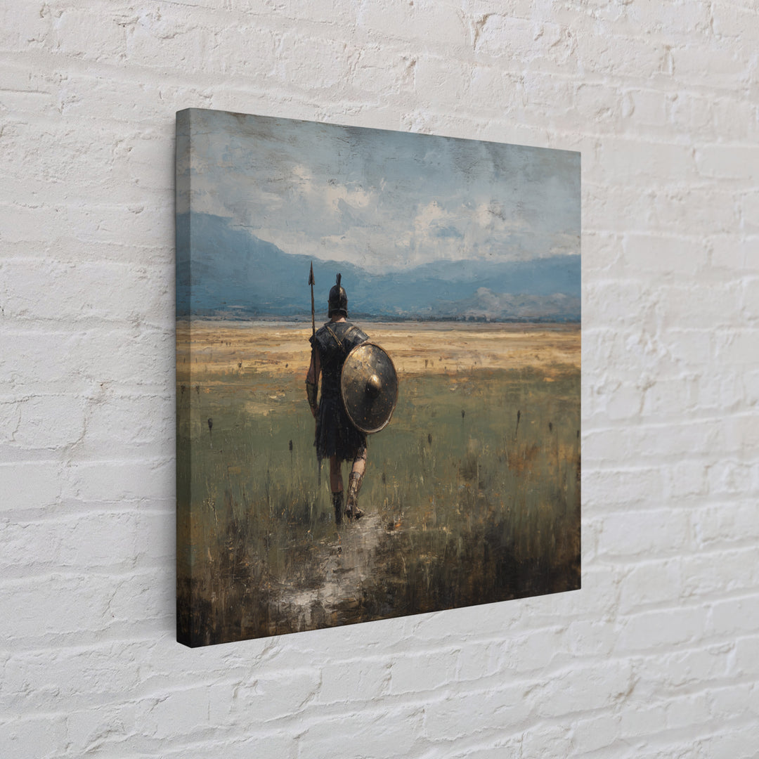 Lone Hoplite Crossing Golden Plains Wall Art, Ancient Greek Landscape Oil Painting, Historical Decor, Masculine Art Print