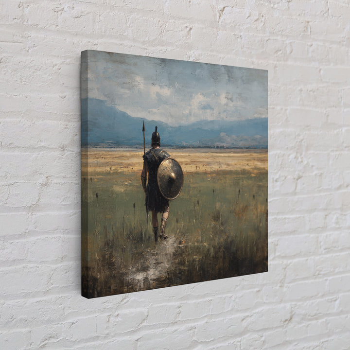 Lone Hoplite Crossing Golden Plains Wall Art, Ancient Greek Landscape Oil Painting, Historical Decor, Masculine Art Print