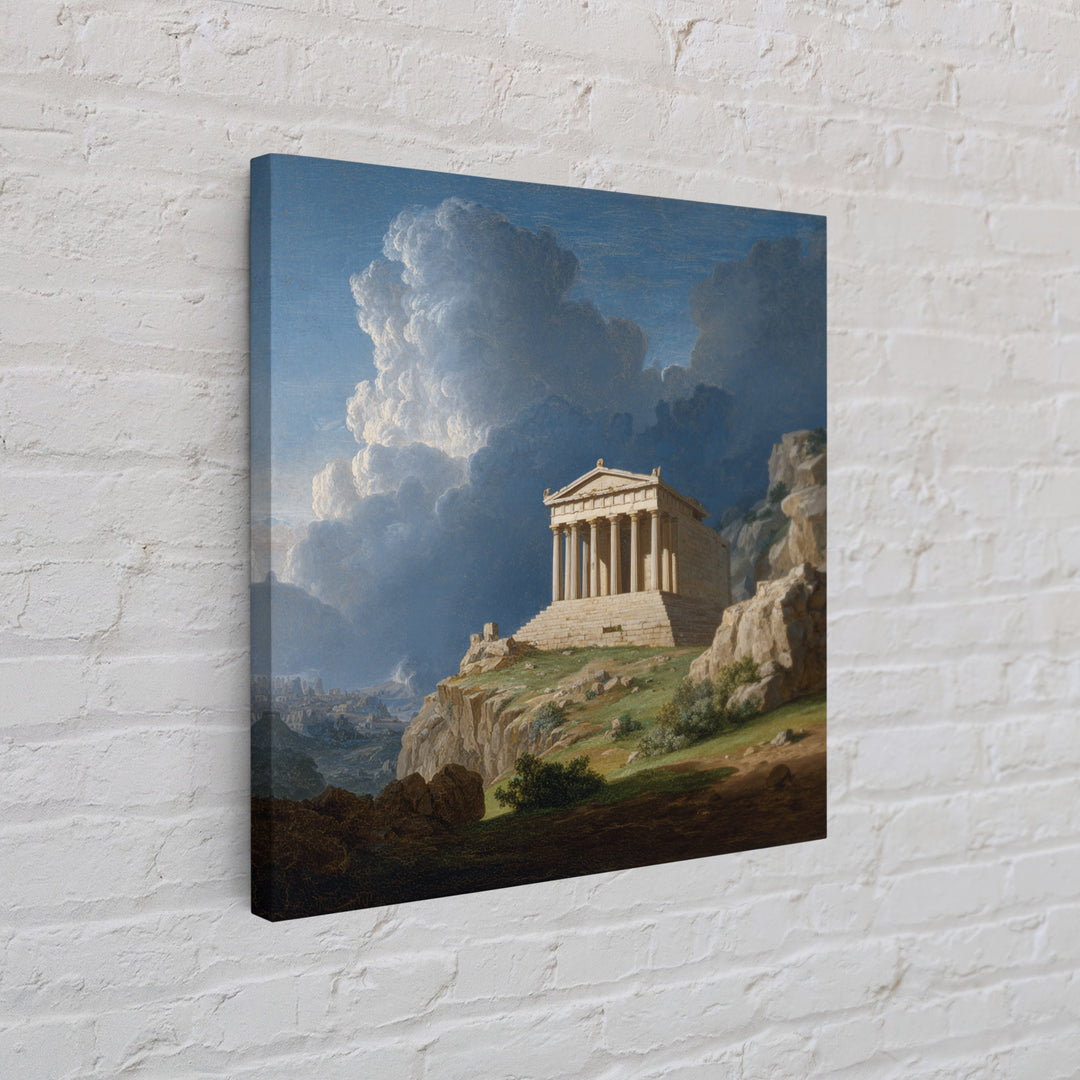 Classical Greek Temple On Rocky Hill Canvas Print, Ancient Architecture Wall Art, Mediterranean Landscape, Elegant Home Decor