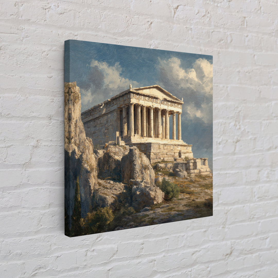 Sunlit Greek Temple On Rocky Acropolis Wall Art, Classical Architecture Oil Painting, Ancient Greece Decor, Fine Art Print