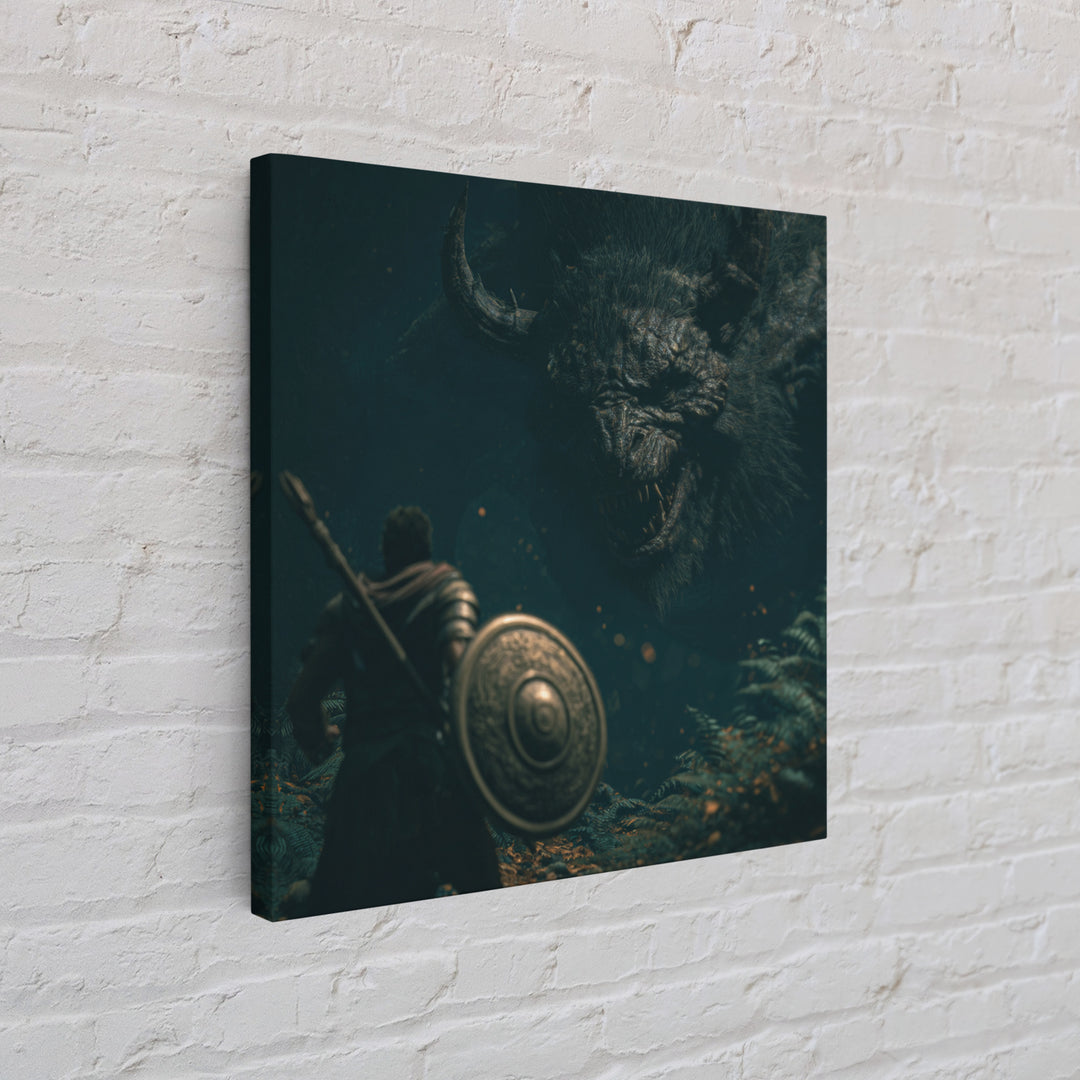 Hero Facing Giant Mythic Beast In Dark Forest Canvas Print, Fantasy Wall Art, Monster Art, Gothic Decor, Gift For Him, Dark Art