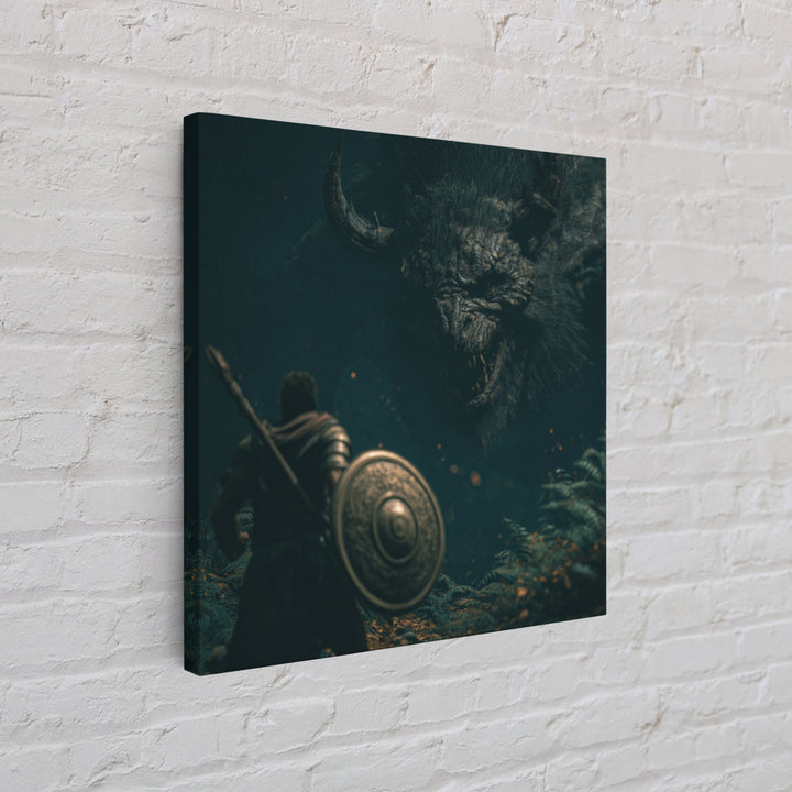 Hero Facing Giant Mythic Beast In Dark Forest Canvas Print, Fantasy Wall Art, Monster Art, Gothic Decor, Gift For Him, Dark Art