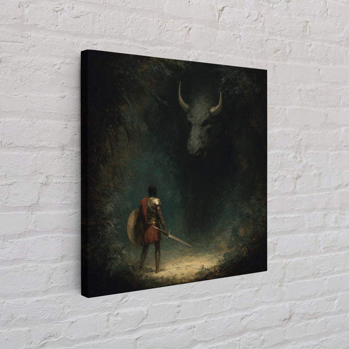 Hero Facing Shadow Minotaur In Dark Forest Framed Canvas Print, Mythological Fantasy Art, Moody Wall Decor, Gothic Art Gift