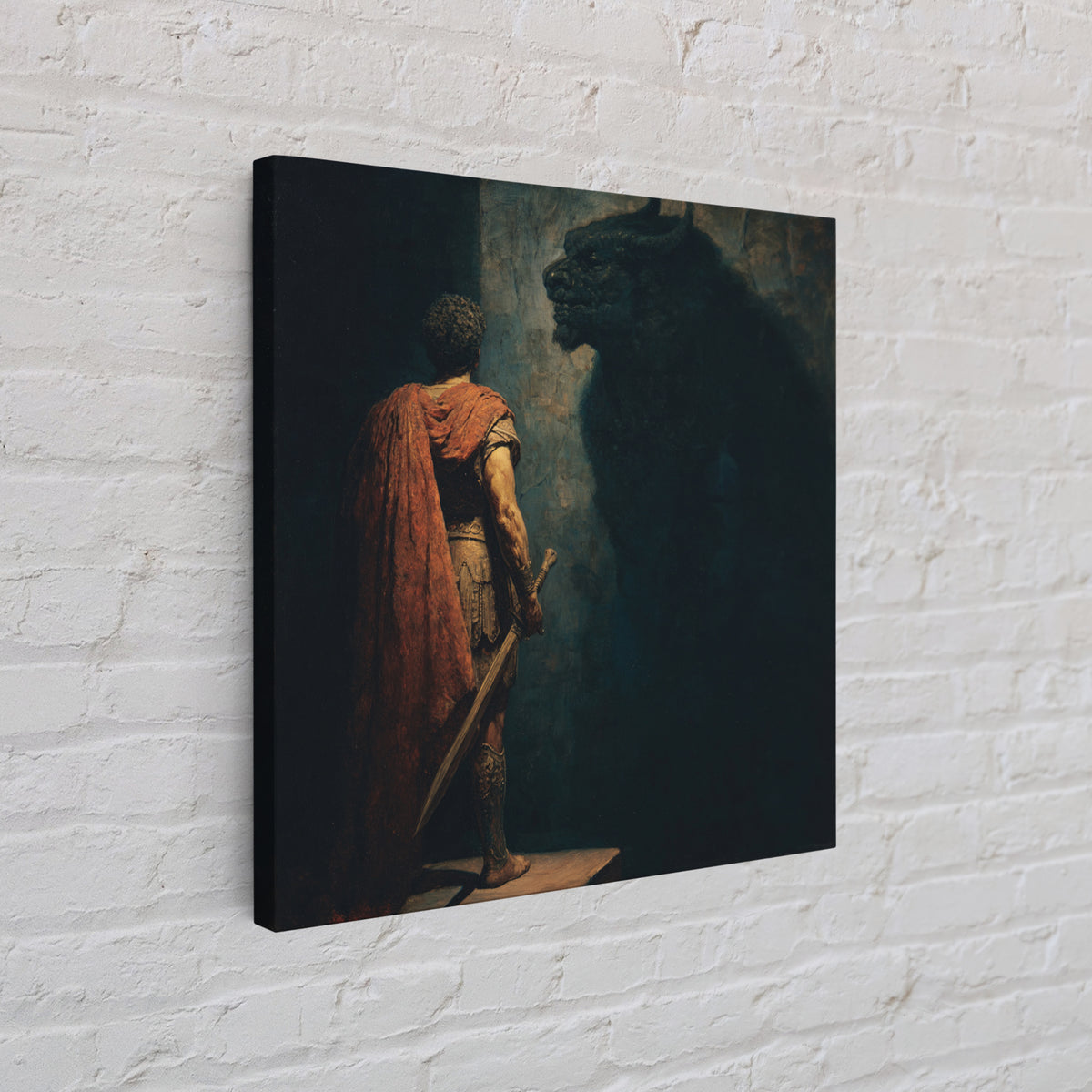 Hero Facing Minotaur In Shadows Canvas Print, Dark Mythology Wall Art, Ancient Greek Fantasy Decor, Dramatic Fine Art Print