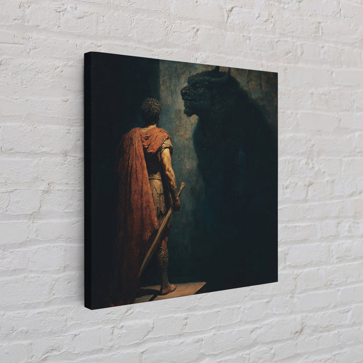 Hero Facing Minotaur In Shadows Canvas Print, Dark Mythology Wall Art, Ancient Greek Fantasy Decor, Dramatic Fine Art Print