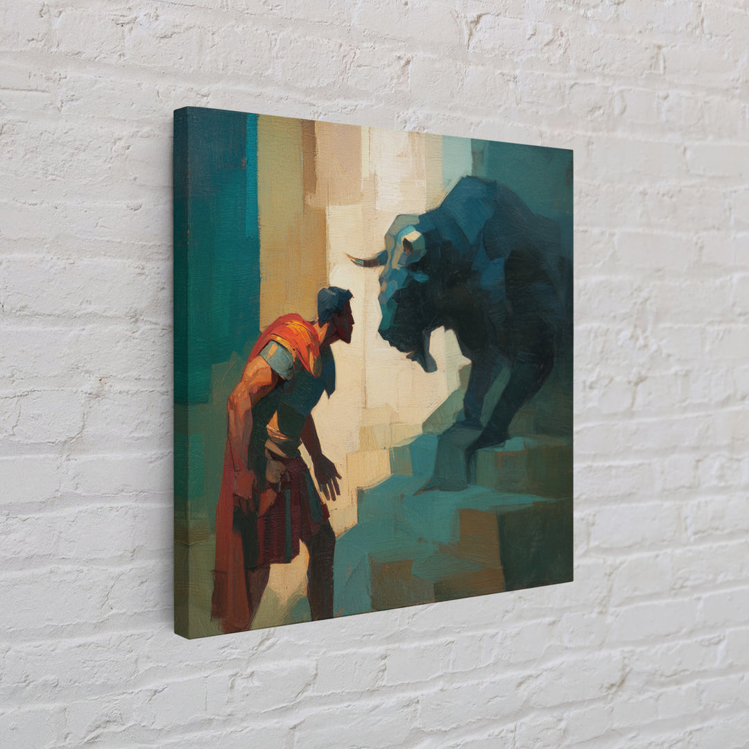 Brave Roman Facing Black Bull Wall Art, Mythological Animal Painting, Bold Modern Canvas For Masculine Office Decor Gift
