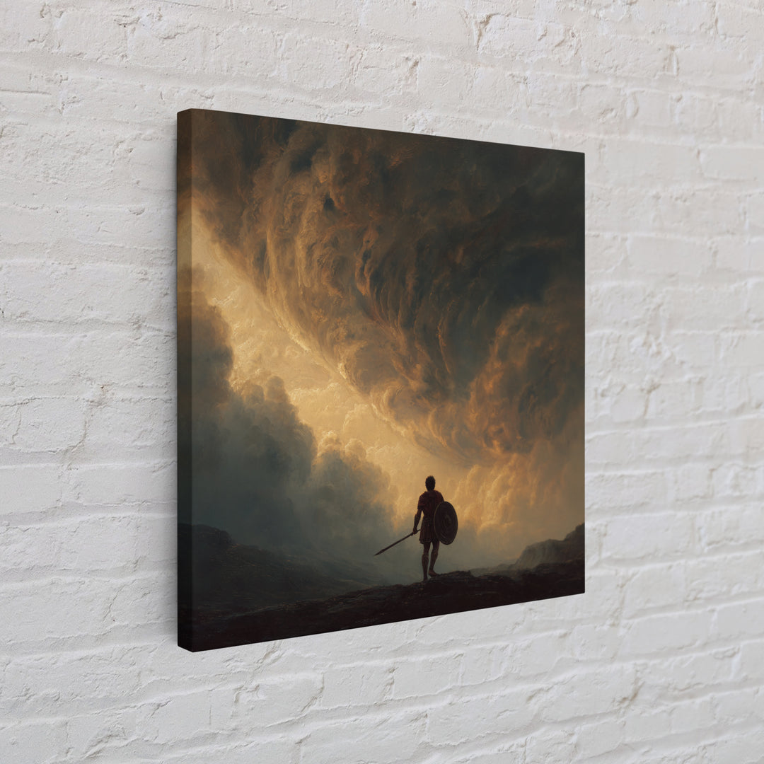 Warrior Beneath Golden Storm Clouds Canvas Print, Epic Fantasy Landscape Painting, Dramatic Wall Decor For Men, Living Room Decor