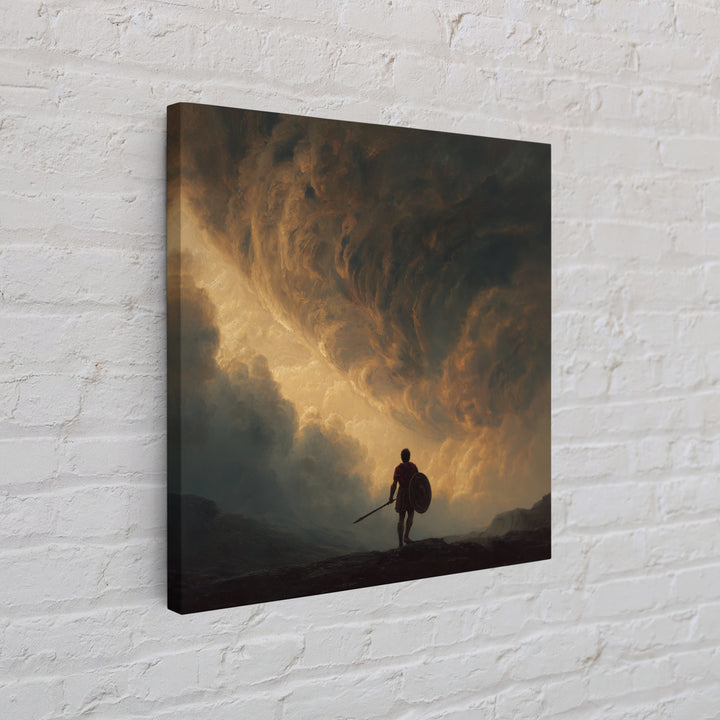 Warrior Beneath Golden Storm Clouds Canvas Print, Epic Fantasy Landscape Painting, Dramatic Wall Decor For Men, Living Room Decor