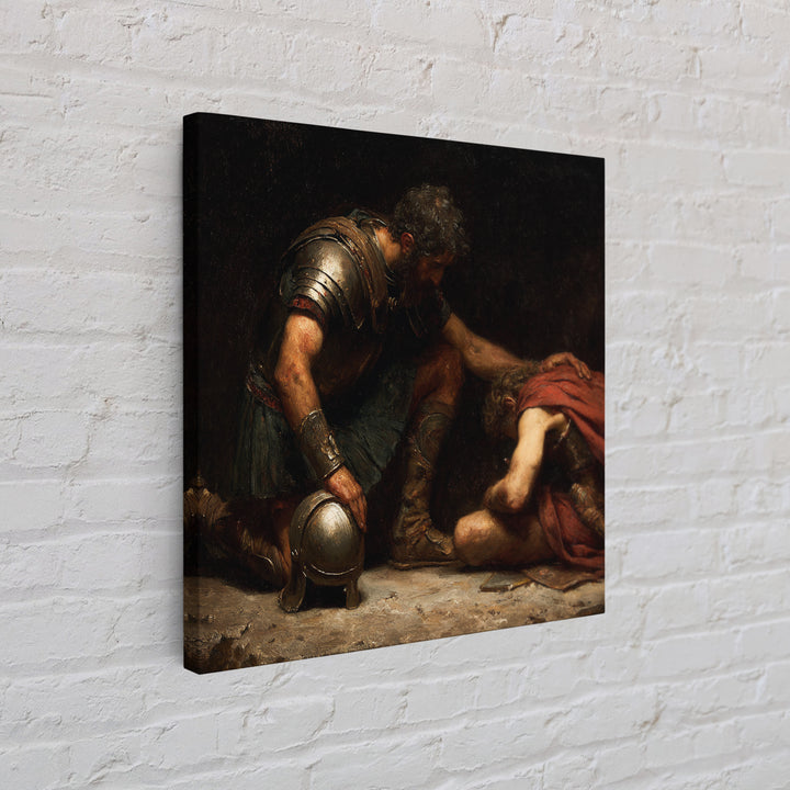 Wounded Ancient Soldier Kneeling By Armored Companion Canvas Print, Classical Wall Art, Mythological Art, Dark Academia Decor