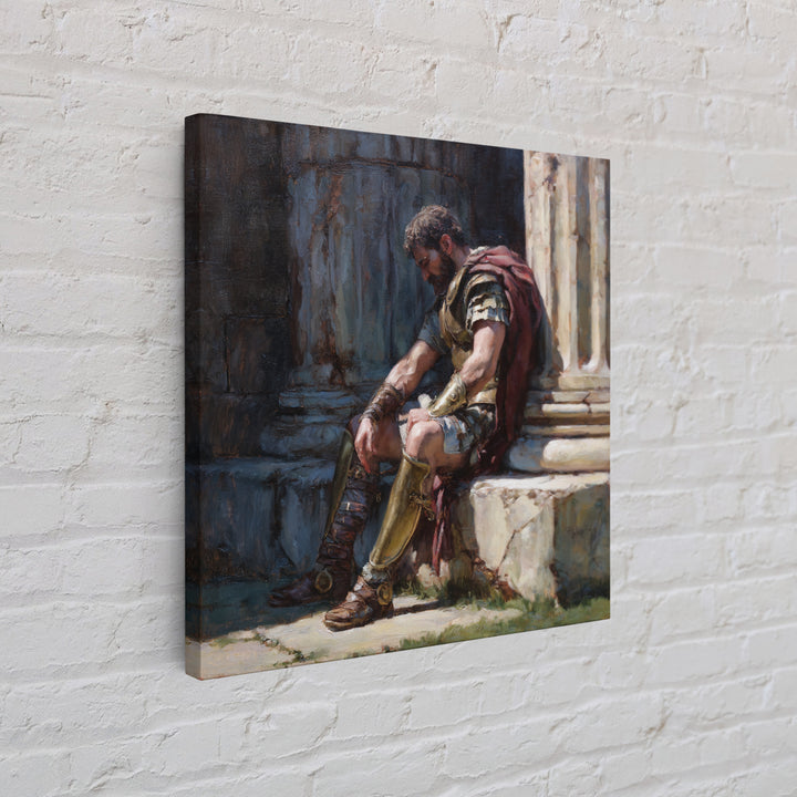 Weary Roman Soldier Resting Beside Columns Framed Canvas Print, Classical Portrait Art, Historical Wall Decor, Gift For Him