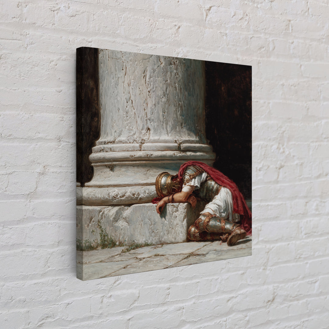 Fallen Roman Soldier Beside Marble Column, Classical Framed Canvas Print, Historical Wall Art, Ancient Rome Decor, Museum Style