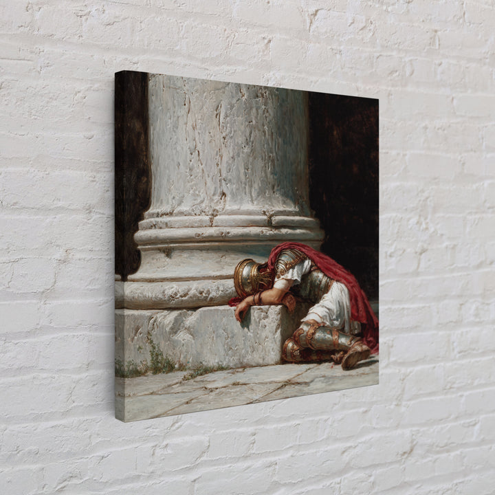 Fallen Roman Soldier Beside Marble Column, Classical Framed Canvas Print, Historical Wall Art, Ancient Rome Decor, Museum Style