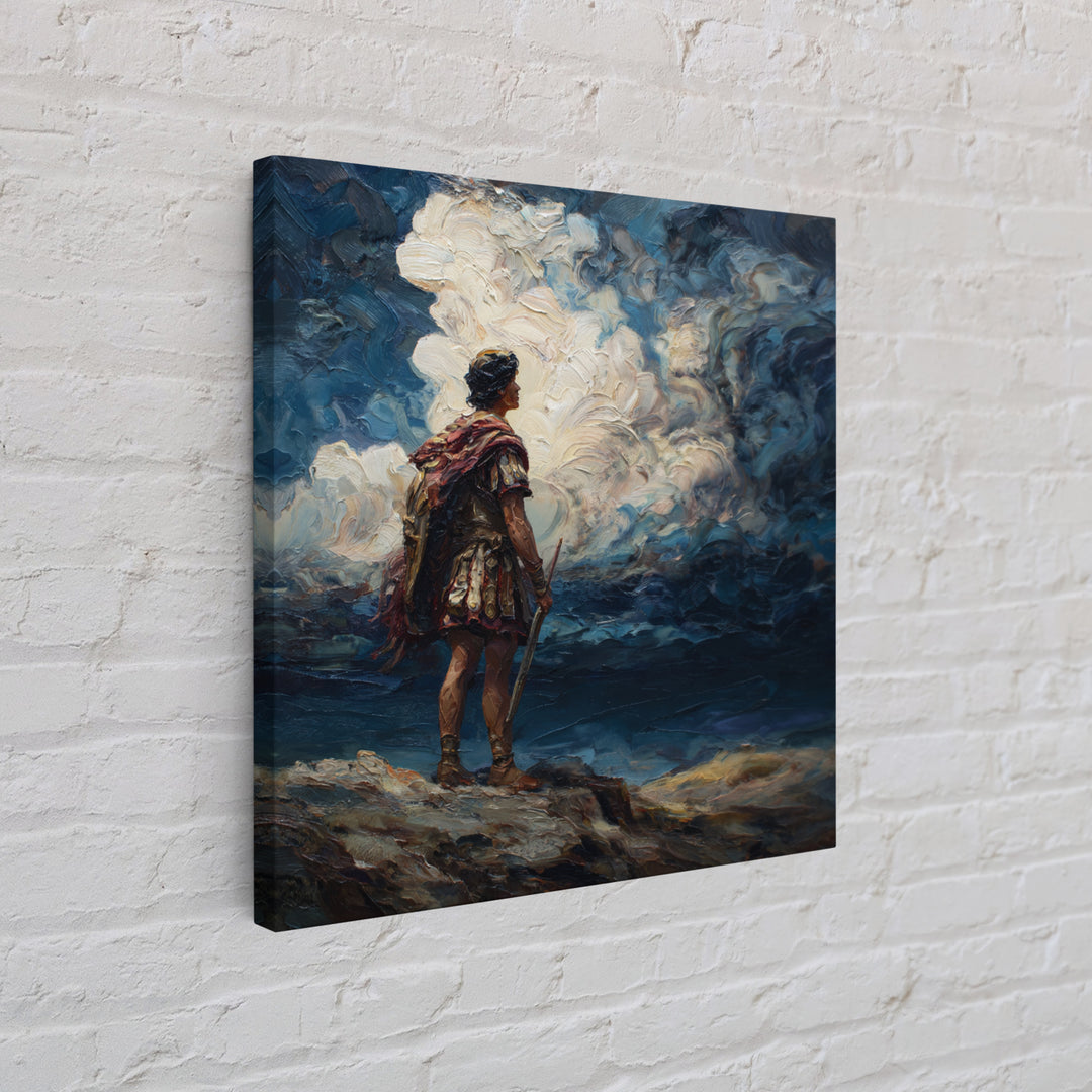 Roman Warrior Under Storm Clouds Framed Canvas Print, Dramatic Mythological Art, Dark Academia Office Decor Gift For Him
