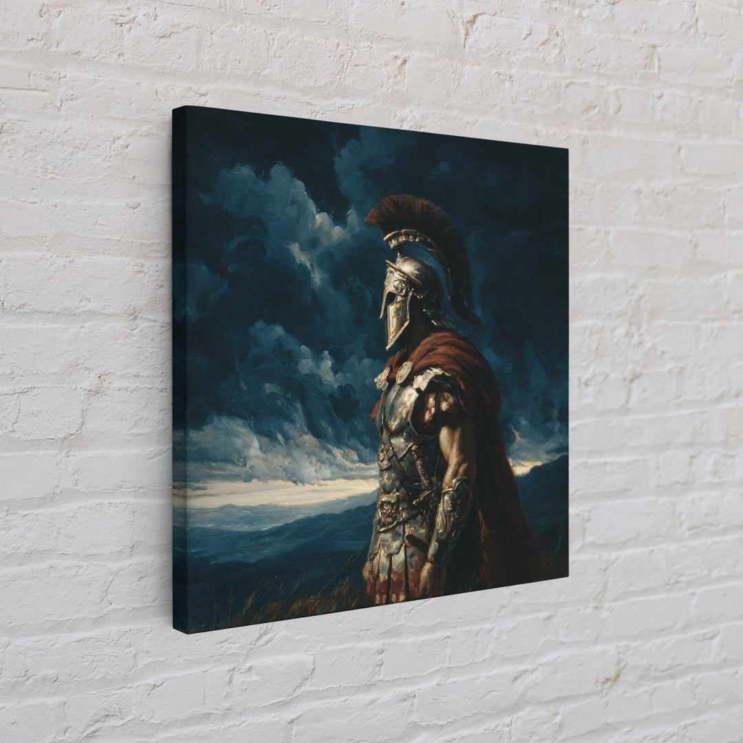 Stoic Roman Warrior Under Storm Clouds Framed Canvas Print, Mythological Art, Dark Academia Decor, Masculine Office Wall Art