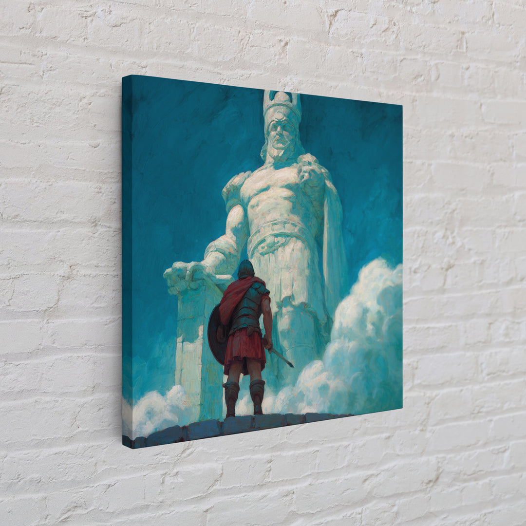 Hero Before Colossal Ancient Statue Framed Canvas Print, Fantasy Wall Art, Mythological Art, Blue Wall Decor, Gift For Him