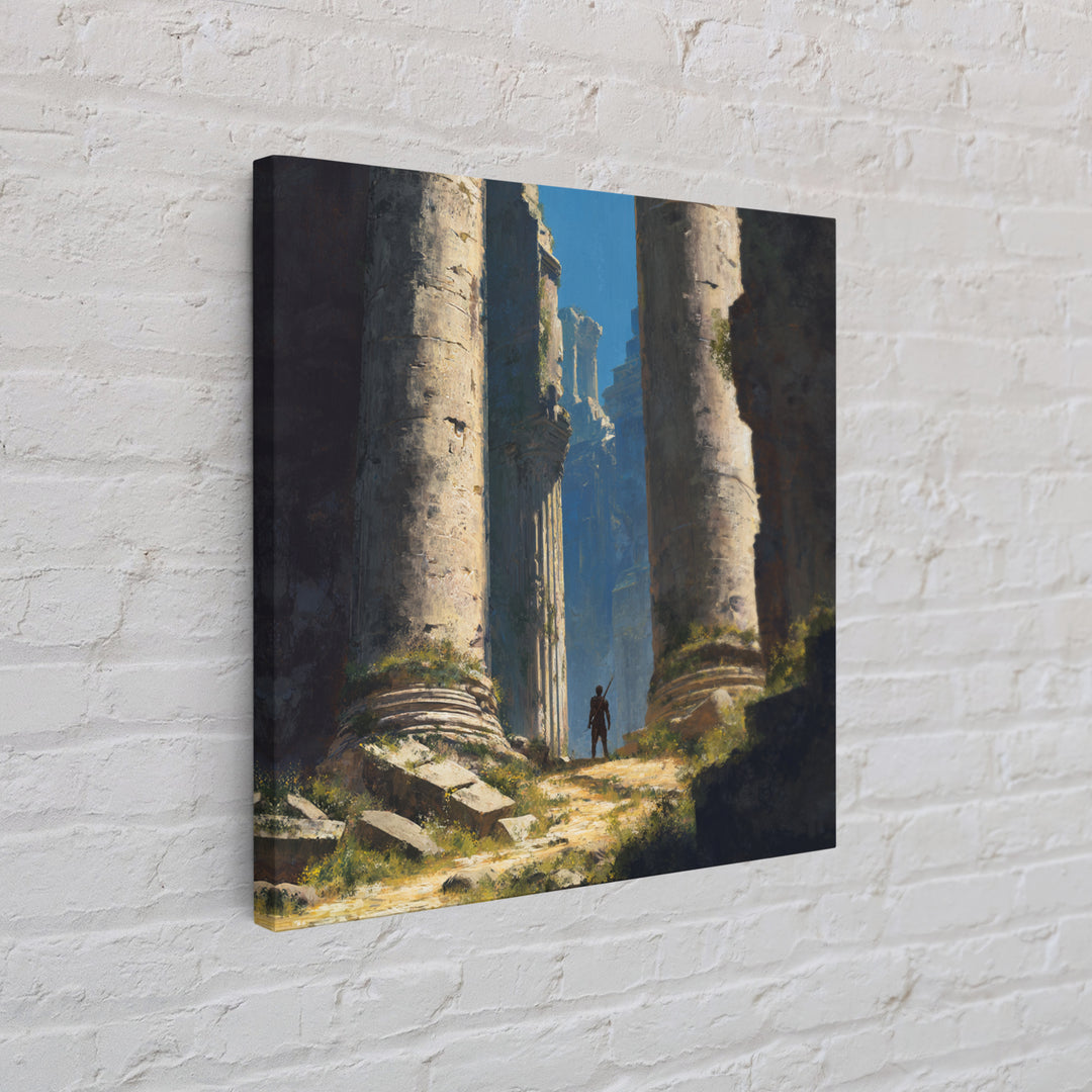 Lone Explorer In Ancient Ruins Wall Art, Fantasy Temple Landscape Painting, Dramatic Architecture Decor, Adventure Gift Idea
