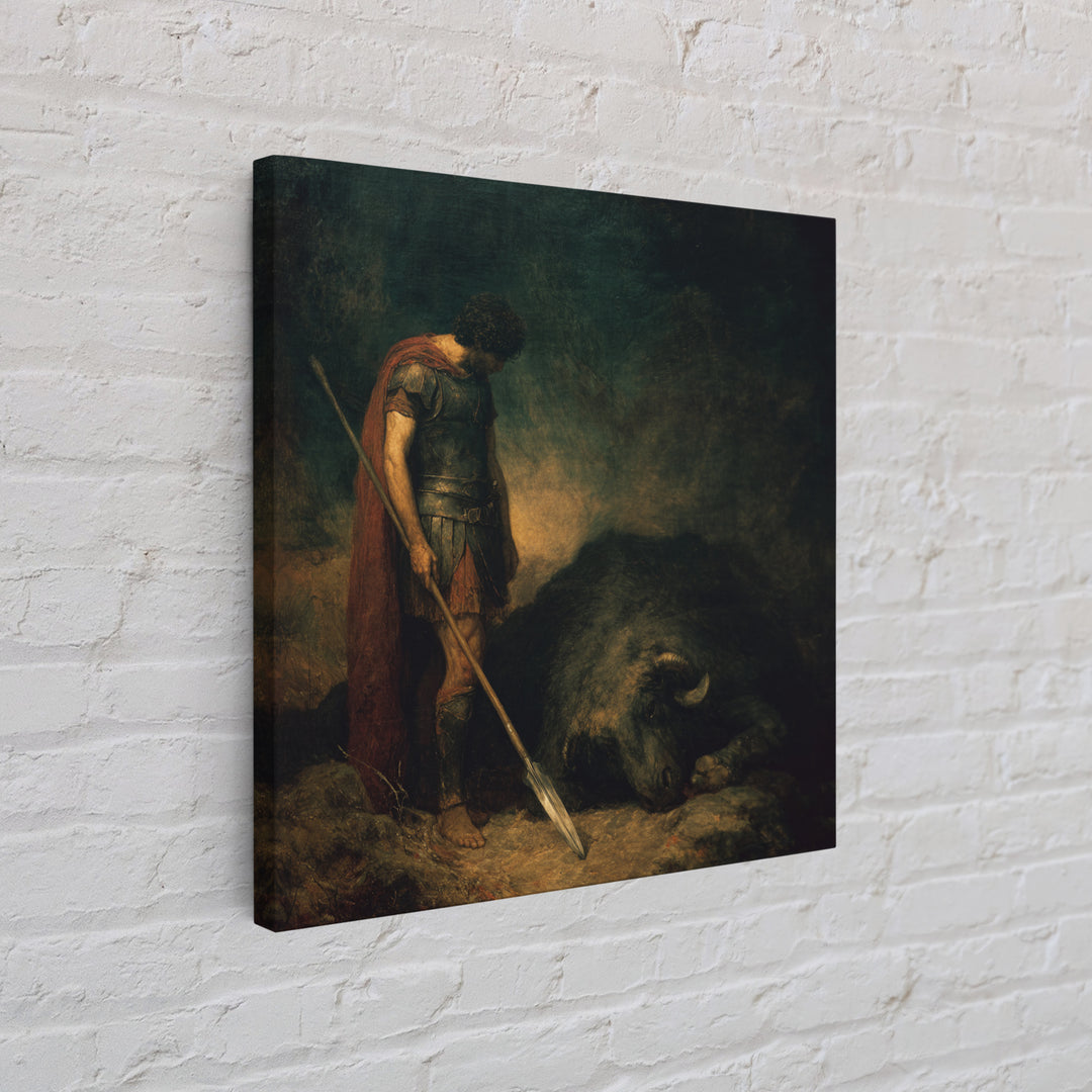 Heroic Spearman Beside Fallen Beast Wall Art, Mythological Warrior Oil Painting, Dark Fantasy Fine Art Print Living Room Decor