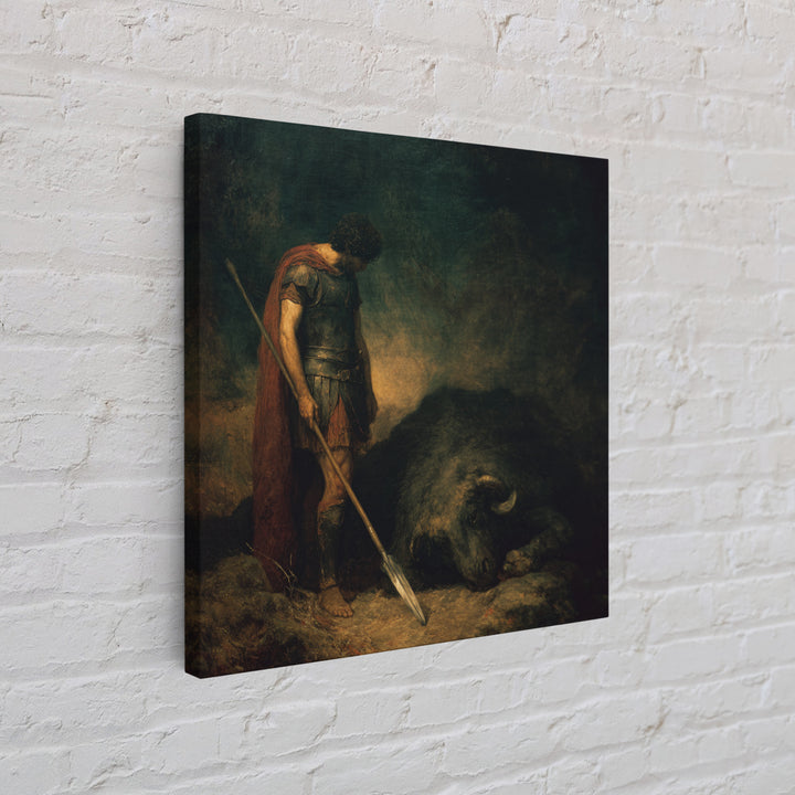 Heroic Spearman Beside Fallen Beast Wall Art, Mythological Warrior Oil Painting, Dark Fantasy Fine Art Print Living Room Decor