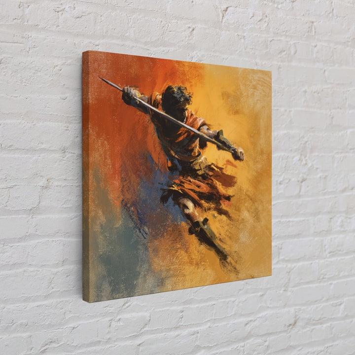 Dynamic Spear Warrior In Orange Canvas Print, Abstract Battle Figure Wall Art, Bold Fantasy Decor, Energetic Statement Art