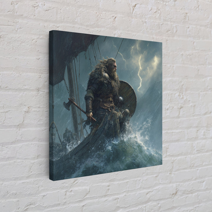 Viking Warrior In Stormy Seas Framed Canvas Print, Norse Mythology Wall Art, Dark Nautical Decor, Gift For Him, Masculine Office Art