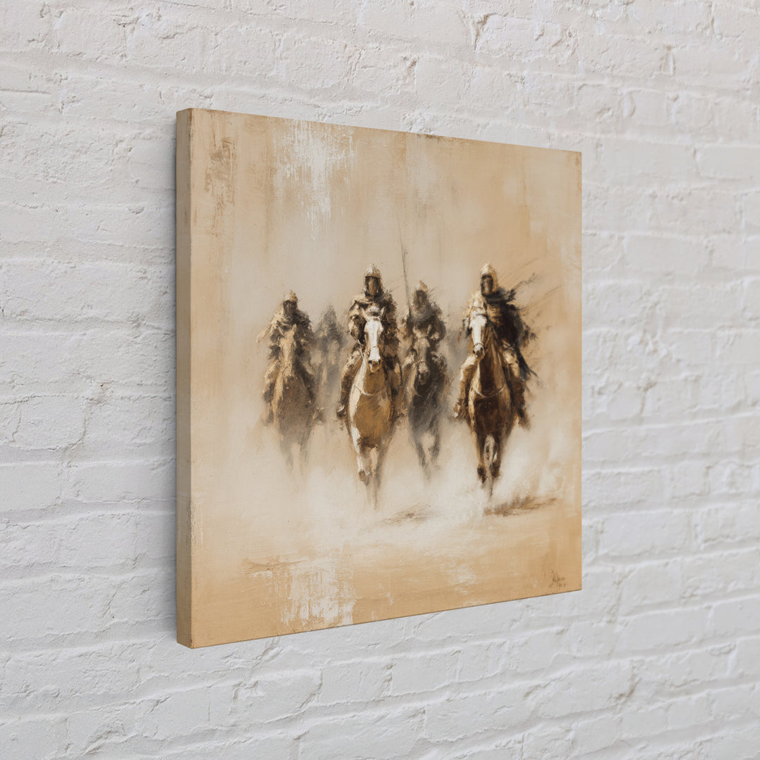Four Dusty Medieval Horsemen Large Wall Art, Neutral Cavalry Painting, Rustic Western Canvas For Living Room And Office Decor Gift