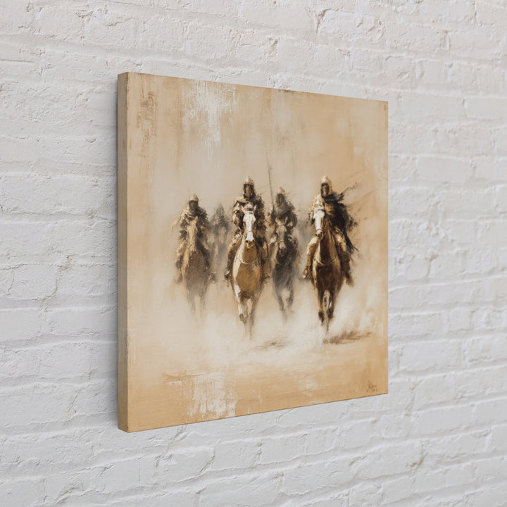 Four Dusty Medieval Horsemen Large Wall Art, Neutral Cavalry Painting, Rustic Western Canvas For Living Room And Office Decor Gift