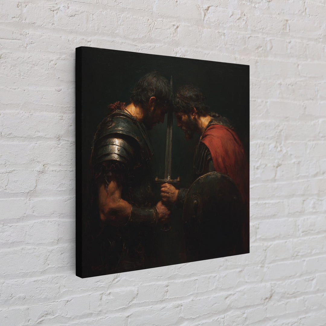 Two Armored Warriors With Sword, Dark Medieval Framed Canvas Print, Masculine Office Decor, Historical Wall Art, Gift For Him