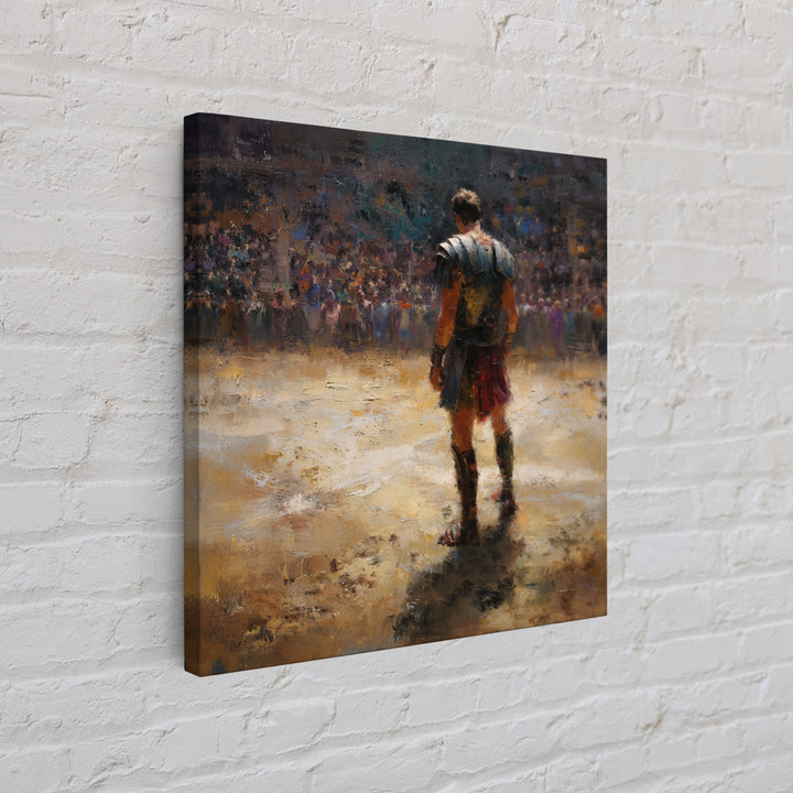 Lone Gladiator In Arena Spotlight Canvas Print, Roman Colosseum Wall Art, Historical Oil Painting, Masculine Office Decor