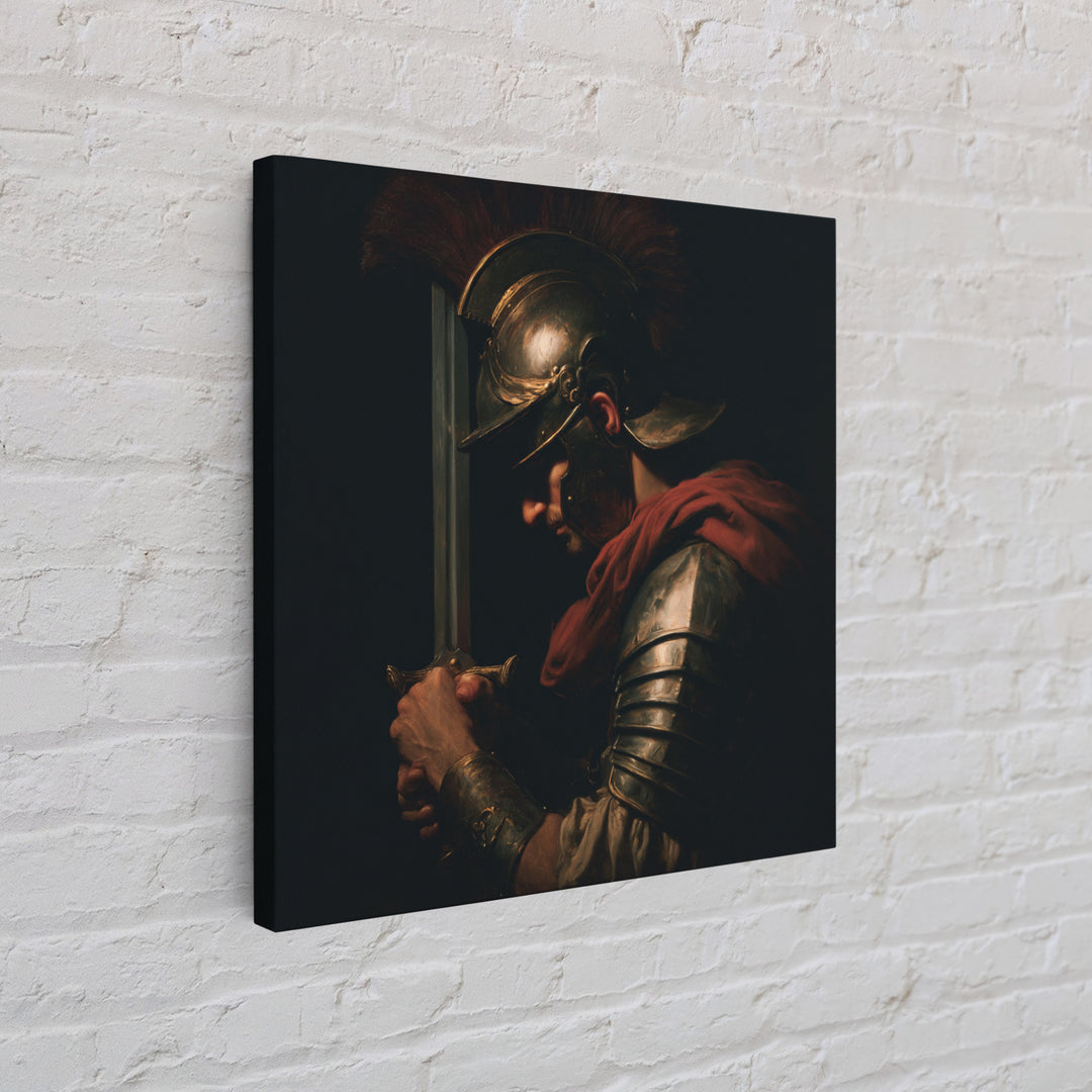 Roman Warrior With Sword And Bronze Helmet Framed Canvas Print, Dark Academia Wall Art, Mythological Art, Gift For Him, Decor
