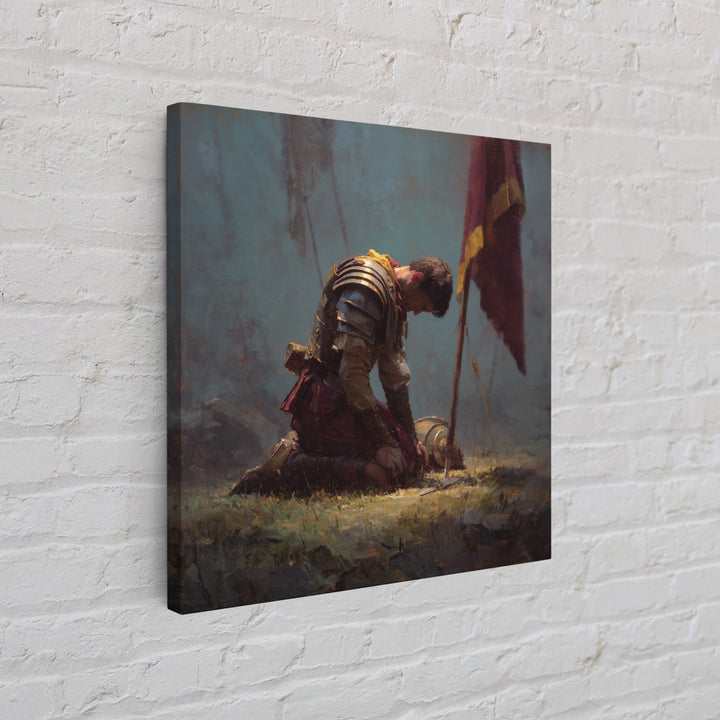 Kneeling Knight With Battle Standard Framed Canvas Print, Medieval Warrior Oil Painting, Dark Academia Wall Decor, Gift For Him