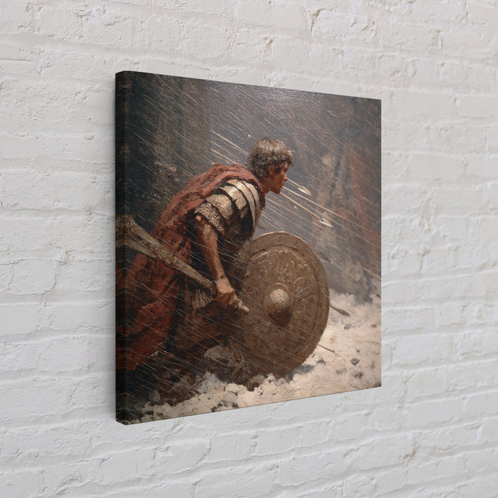 Roman Warrior Under Arrow Fire Wall Art, Snow Battle Shield Painting, Historical Canvas Print For Masculine Office Decor