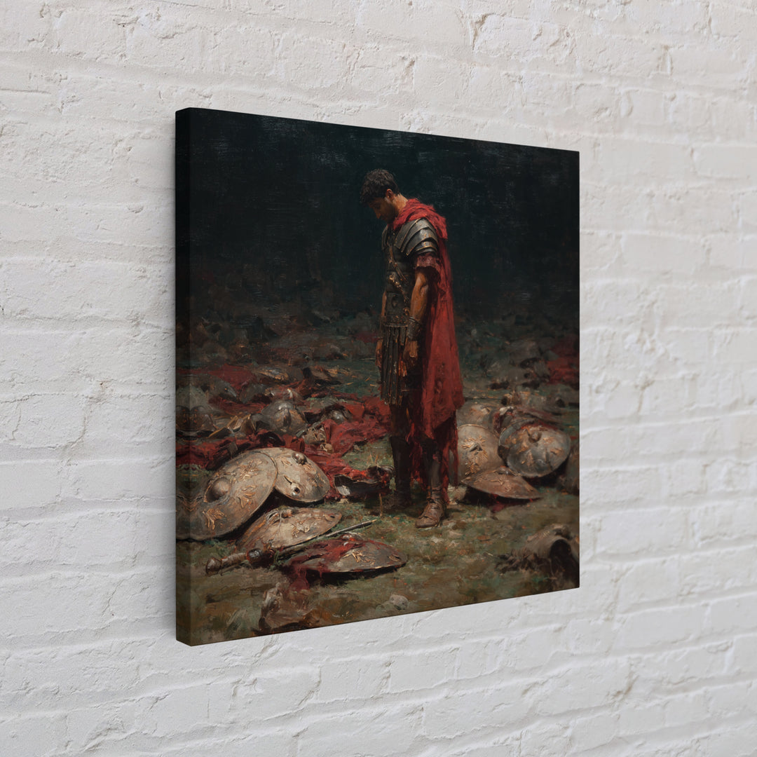 Defeated Roman Soldier Among Shields Framed Canvas Print, Somber Historical Oil Painting, Dark Academia Wall Art Decor Gift