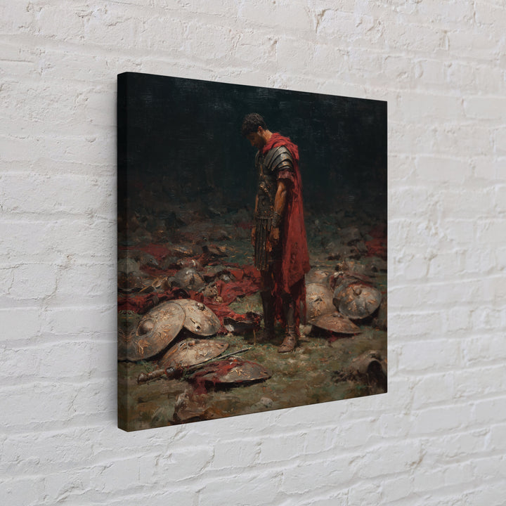 Defeated Roman Soldier Among Shields Framed Canvas Print, Somber Historical Oil Painting, Dark Academia Wall Art Decor Gift