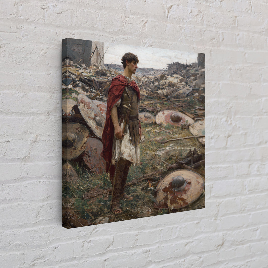 Roman Soldier Among Fallen Shields Wall Art, Ancient Warrior Oil Painting, Classical History Decor, Masculine Living Room Art