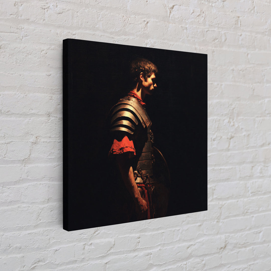 Roman Warrior In Shadow Wall Art, Dark Academia Soldier Portrait, Classical Armor Oil Painting For Masculine Office Decor